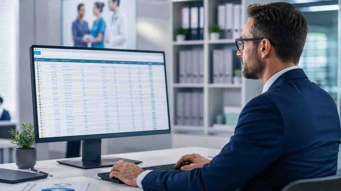 Business professional reviewing a healthcare industry contact database on a computer