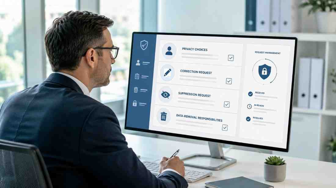 Business professional reviewing privacy choices, correction, suppression and removal requests