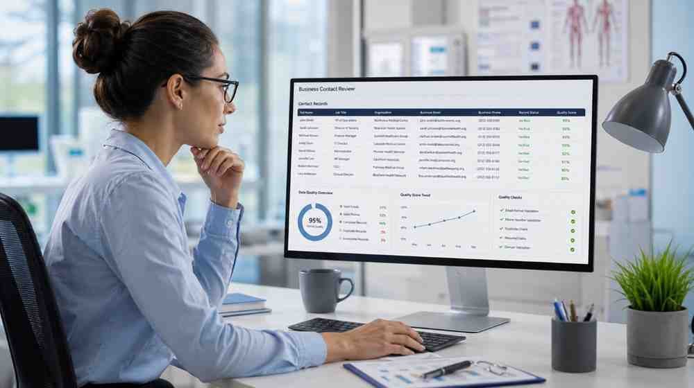 Data-quality professional checking business email and contact fields on a computer