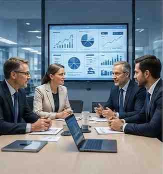 Healthcare executives discussing hospital business strategy