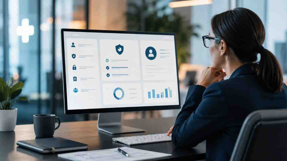 Healthcare compliance and data professionals reviewing a responsible business-contact data-use policy in a modern office