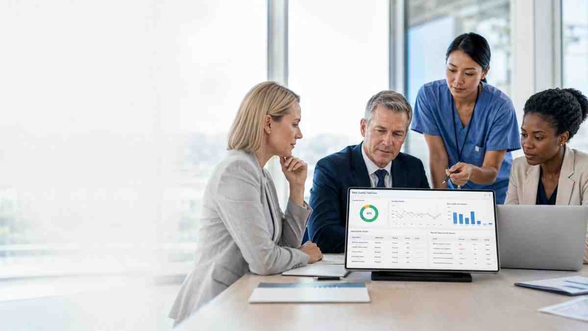 Healthcare data specialists and a healthcare executive reviewing database quality requirements