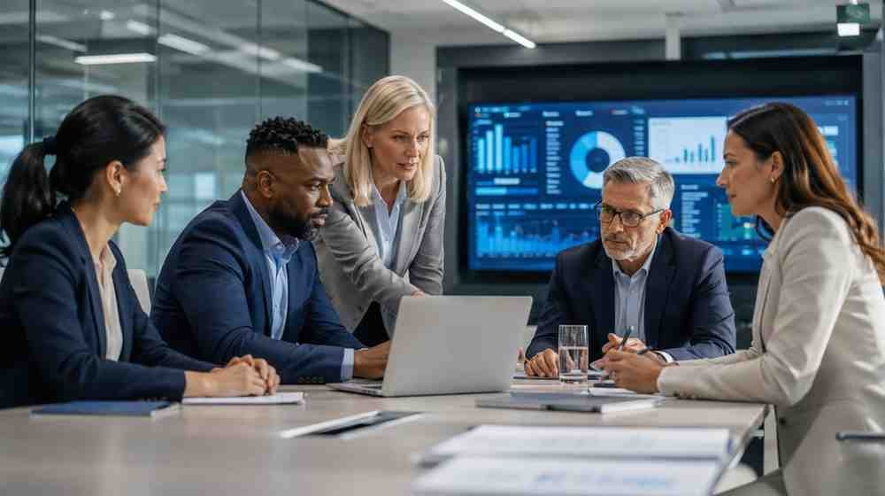 Healthcare executives and a data consultant reviewing industry audience requirements