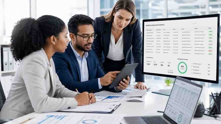 Professional team reviewing healthcare contact records and organization details