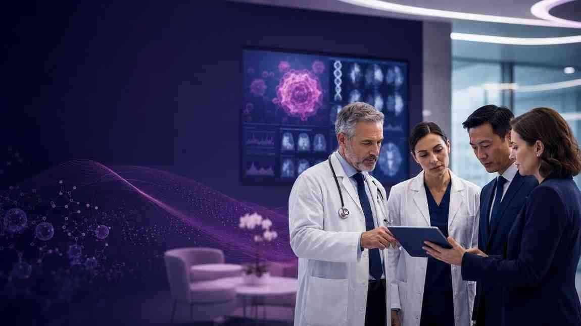 Anesthesiologists and perioperative healthcare professionals reviewing anesthesia monitoring information in a modern operating room
