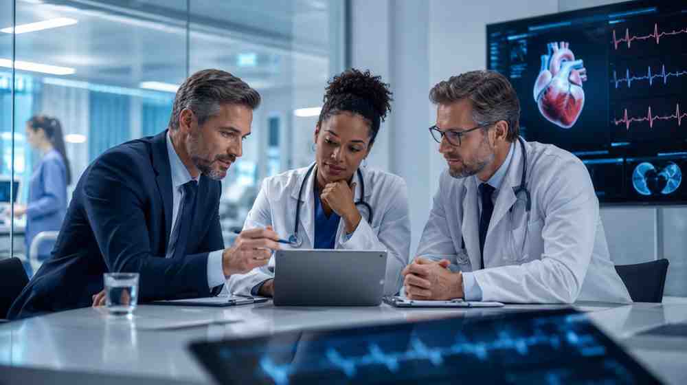 Cardiologists and healthcare decision-makers reviewing cardiovascular data in a modern cardiac care center