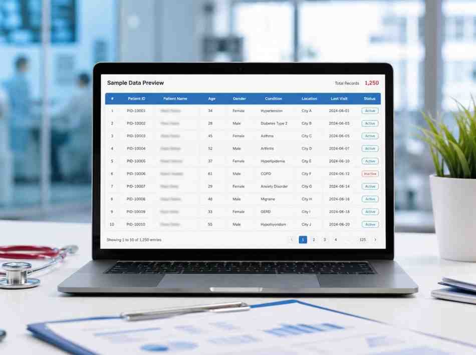 Healthcare contact database sample displayed in a spreadsheet