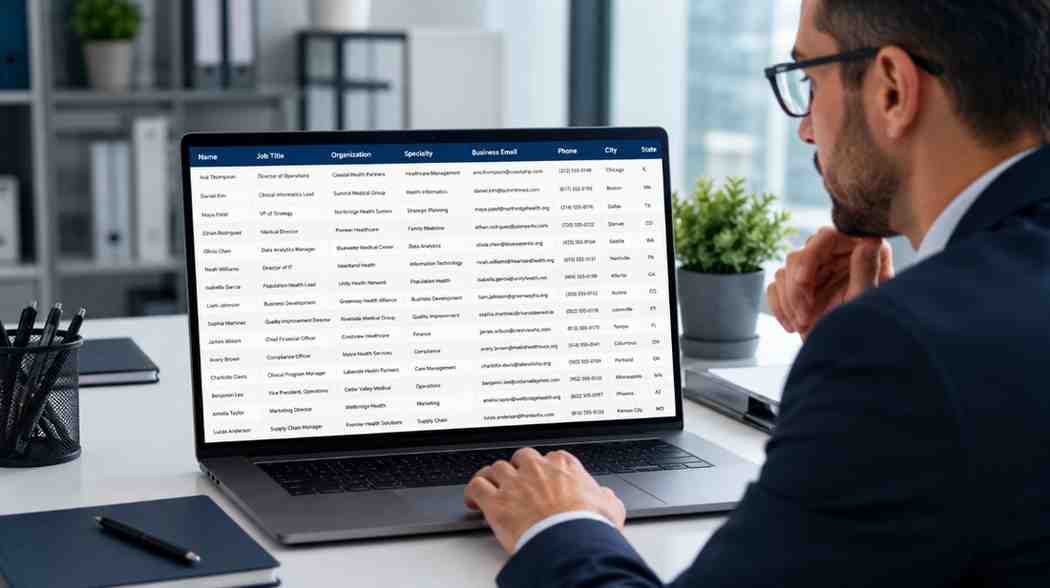Professional reviewing the quality of a healthcare business contact database