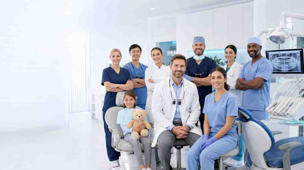 Dentists and dental professionals working inside a modern dental practice