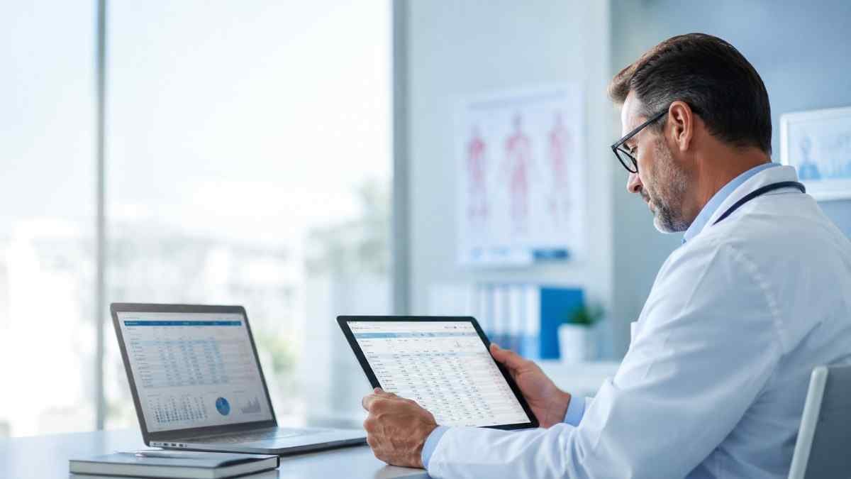 Healthcare professional reviewing a healthcare database on a tablet