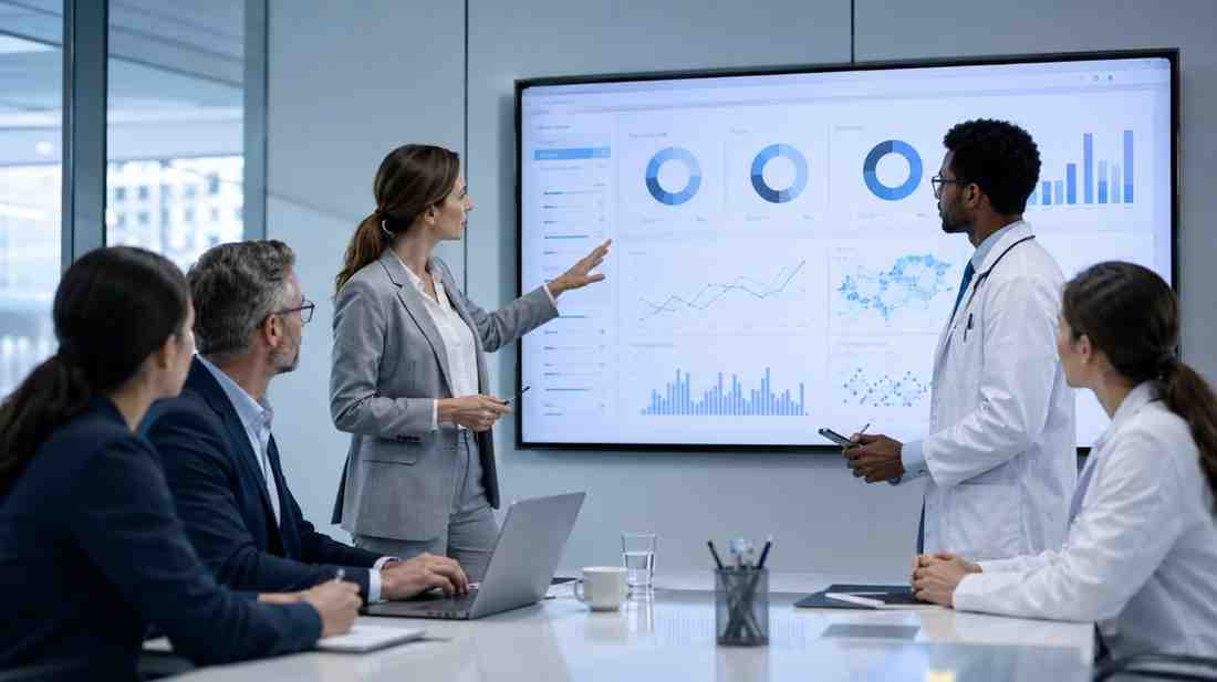 Healthcare professionals and data consultant reviewing audience requirements