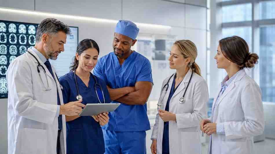 Multidisciplinary group of medical specialists discussing professional outreach requirements