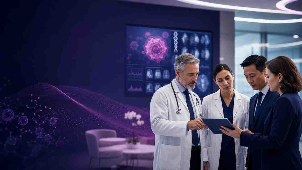 Oncologists and healthcare decision-makers reviewing cancer research and oncology information in a modern cancer center