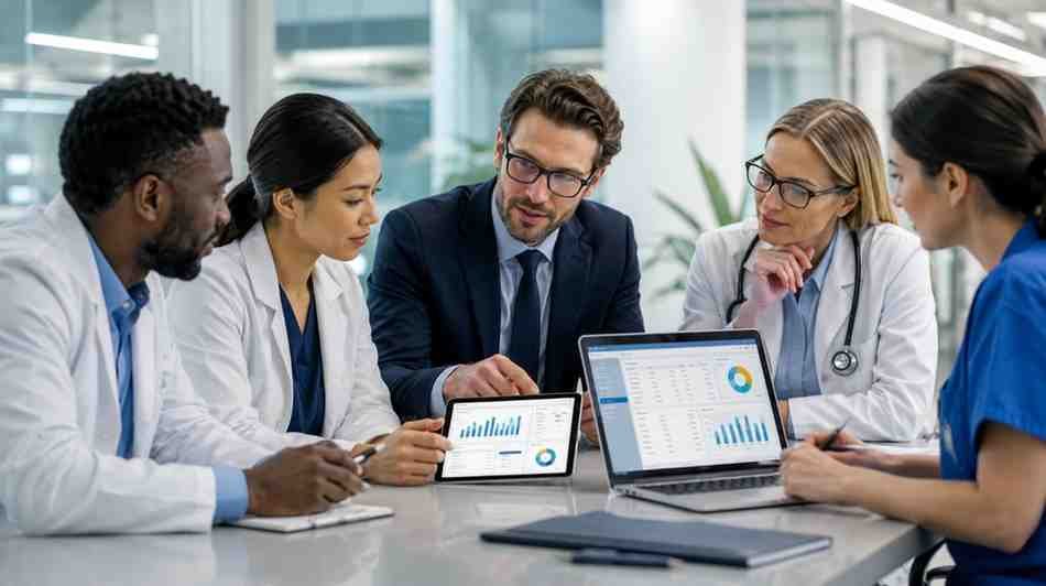 Physicians and healthcare data consultant reviewing specialist audience requirements