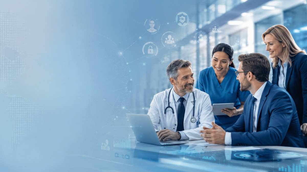 Physicians, medical professionals and healthcare business leaders discussing professional healthcare outreach