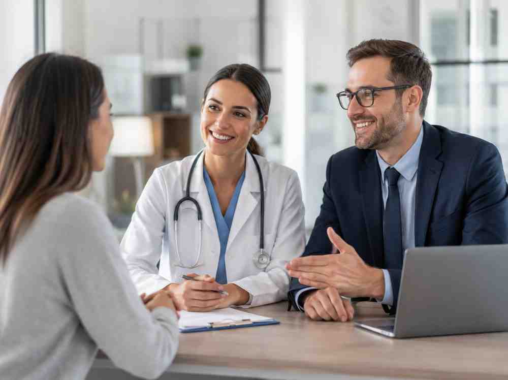 Healthcare professional and business consultant discussing customer support needs