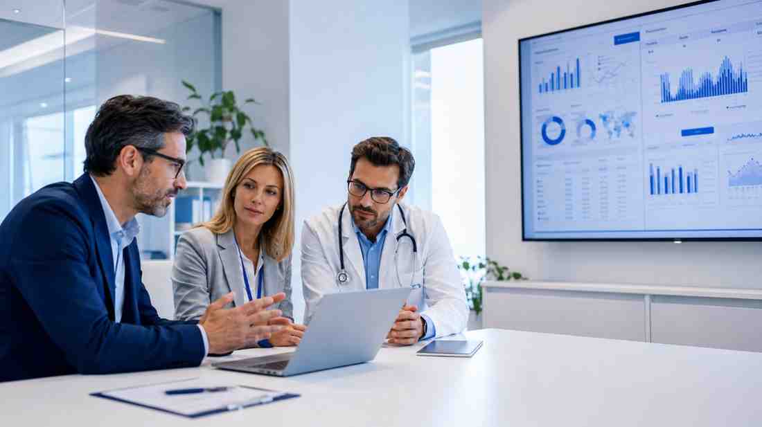 Healthcare professionals and business consultants discussing customized data requirements