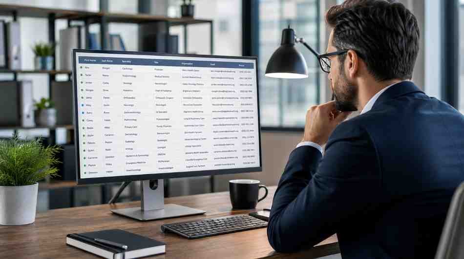 Professional reviewing a healthcare business-contact database