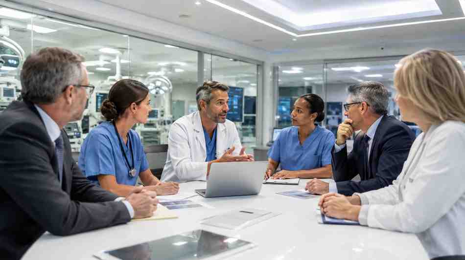 Surgeons and healthcare decision-makers meeting inside a modern surgical center