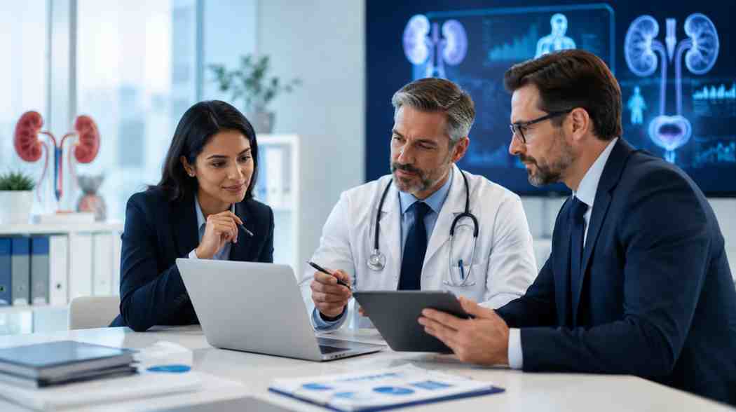 Urologist and healthcare decision-makers reviewing urology information in a modern medical office